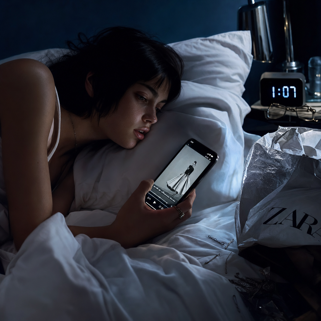 Woman lying in bed holding a smartphone, with clock reading 1:07 and a Zara shopping bag on the bedside table