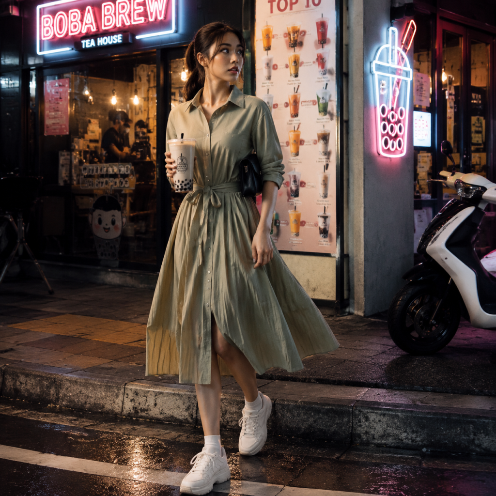 Person holding bubble tea outside boba shop with neon signs, stepping off curb on wet street at night