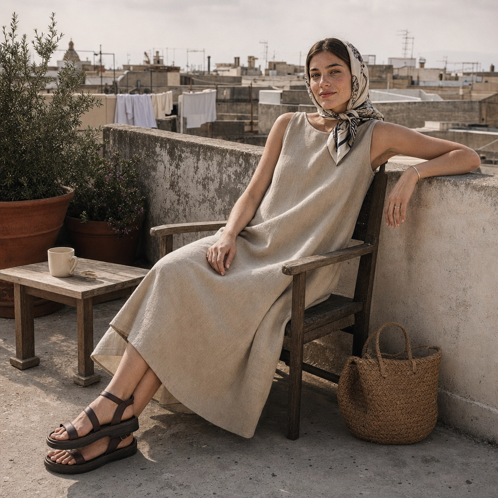 Woman in beige dress and headscarf lounging on rooftop chair beside a small table with a cup, plants, and a woven bag