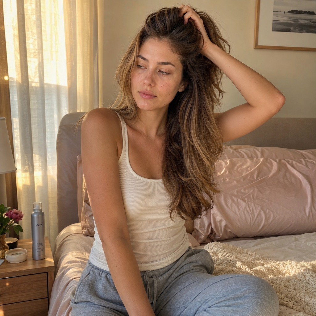 Person sitting on a bed in a sunlit bedroom, wearing a white tank top and gray sweatpants, hand in hair.