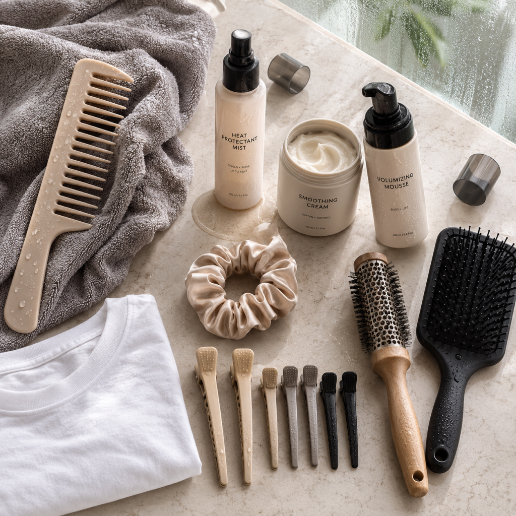 Hair styling products and tools on a bathroom counter: towel, comb, brushes, mousse, heat spray, cream, scrunchie, clips.