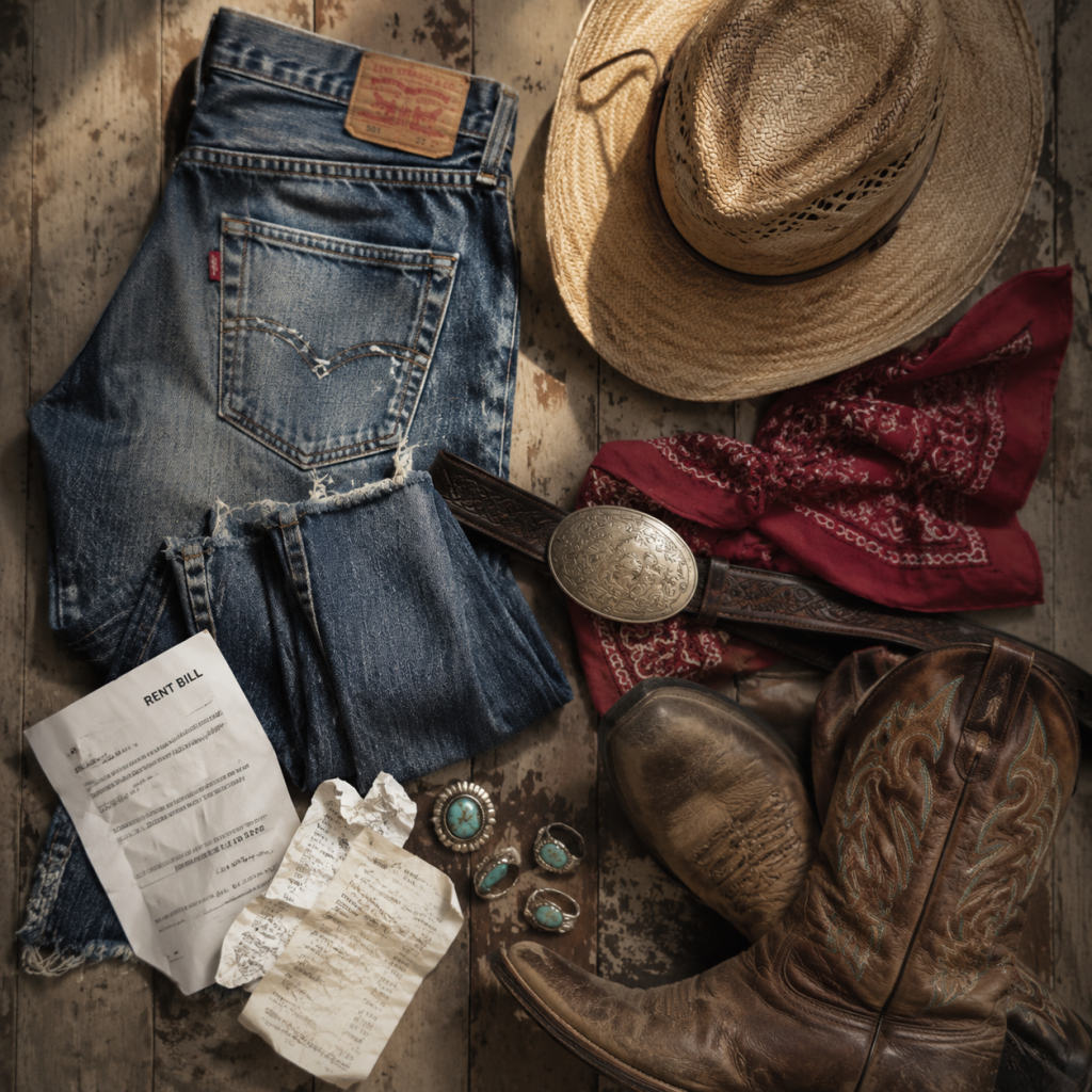 Jeans, cowboy hat, bandana, belt buckle, and worn boots on wood floor with rent bill and turquoise jewelry