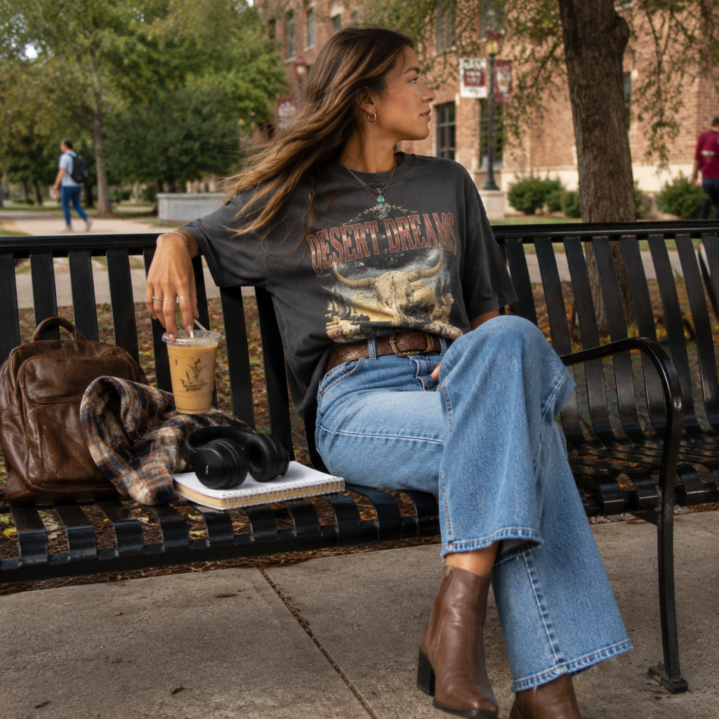 Person in jeans and “Desert Dreams” T-shirt sits on park bench with iced coffee, backpack, and headphones.