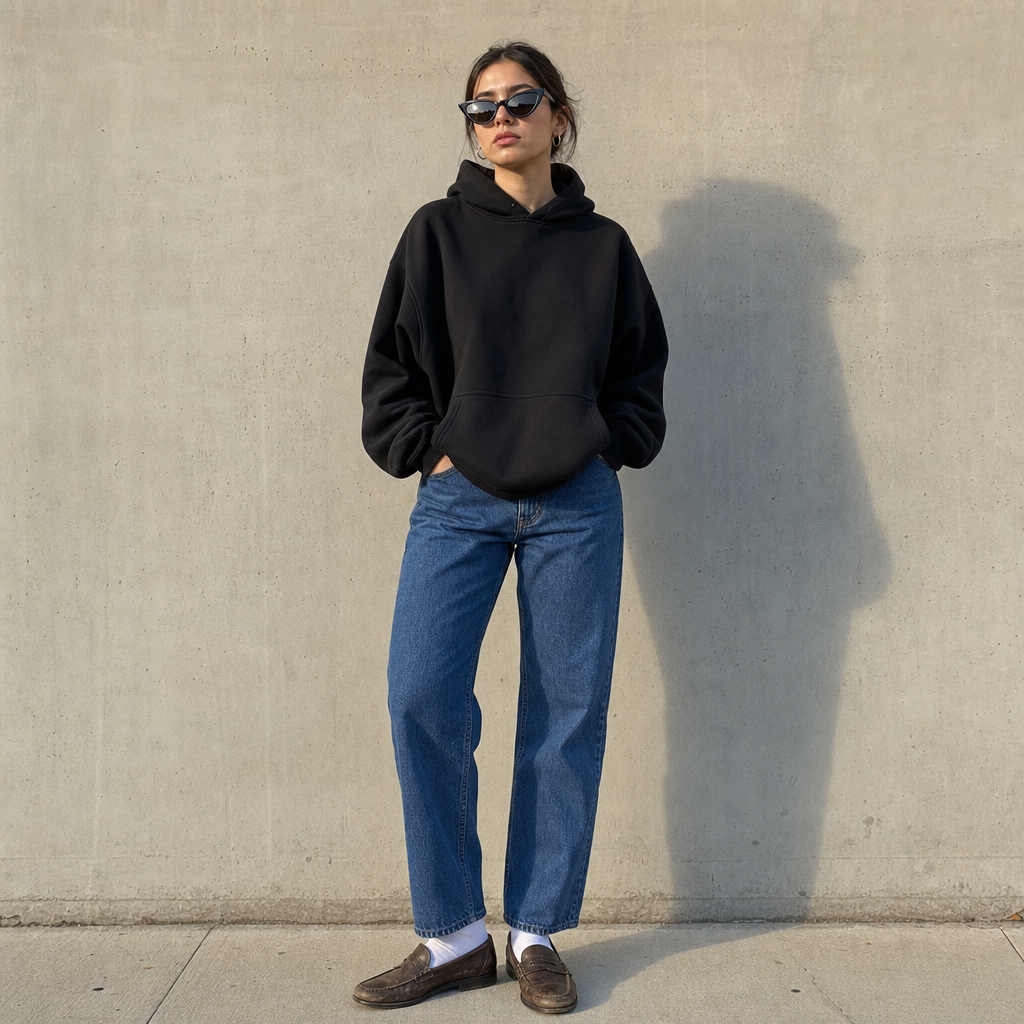 Person in black hoodie and blue jeans stands against a concrete wall, hands in pockets, long shadow to the right