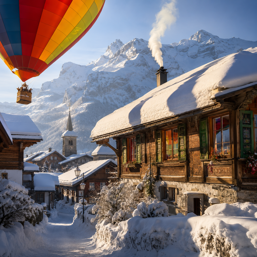 Hot air balloon over snowy alpine village street, chalet with smoking chimney, and mountains in the background