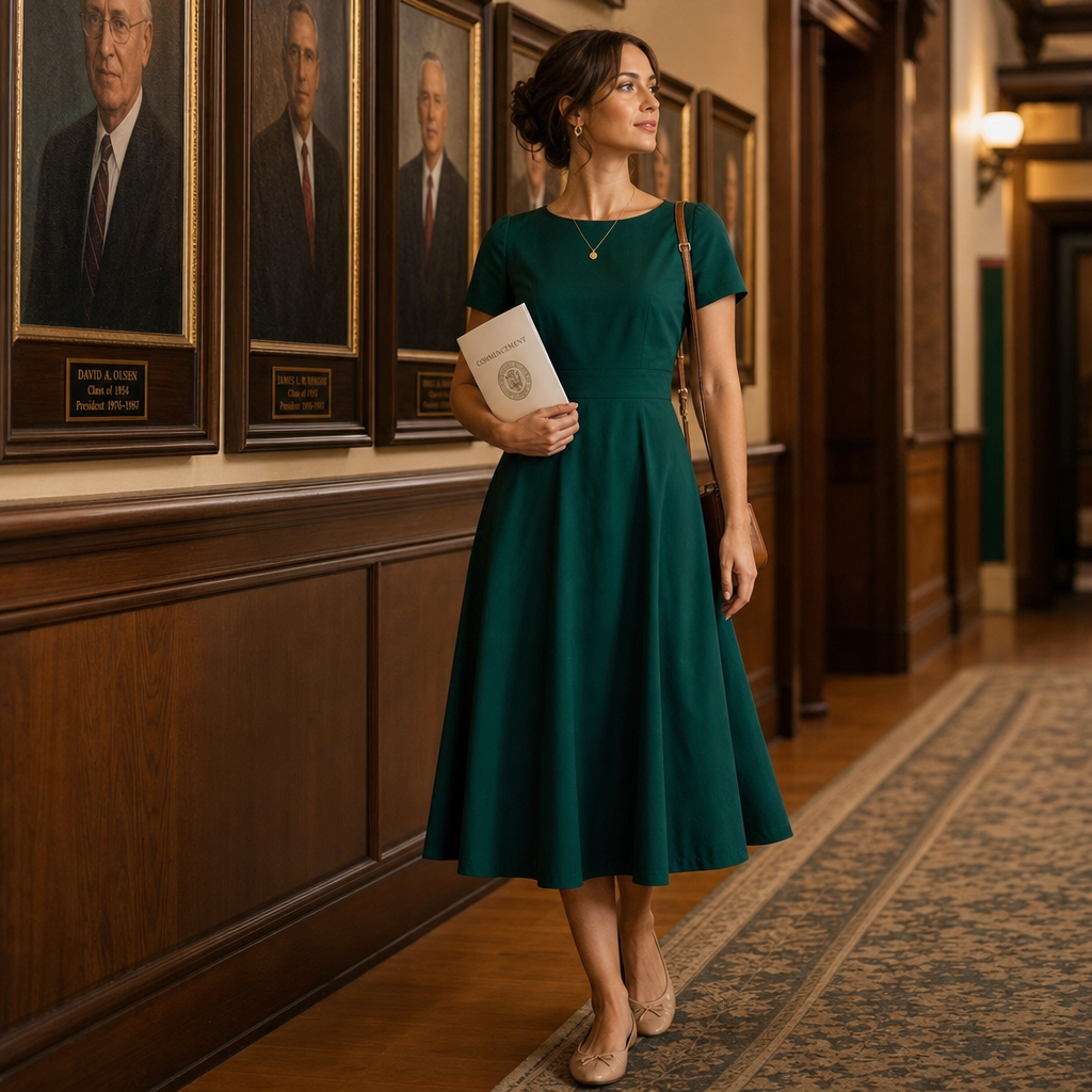 Woman in green dress holding a document, standing in a wood-paneled hallway lined with framed portraits