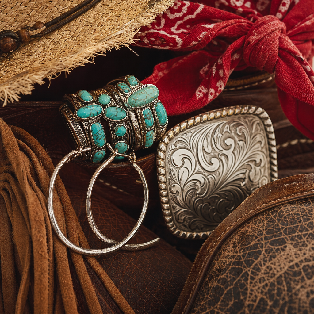Turquoise and silver hoop earrings beside an engraved belt buckle, red bandana, straw hat, and leather boots