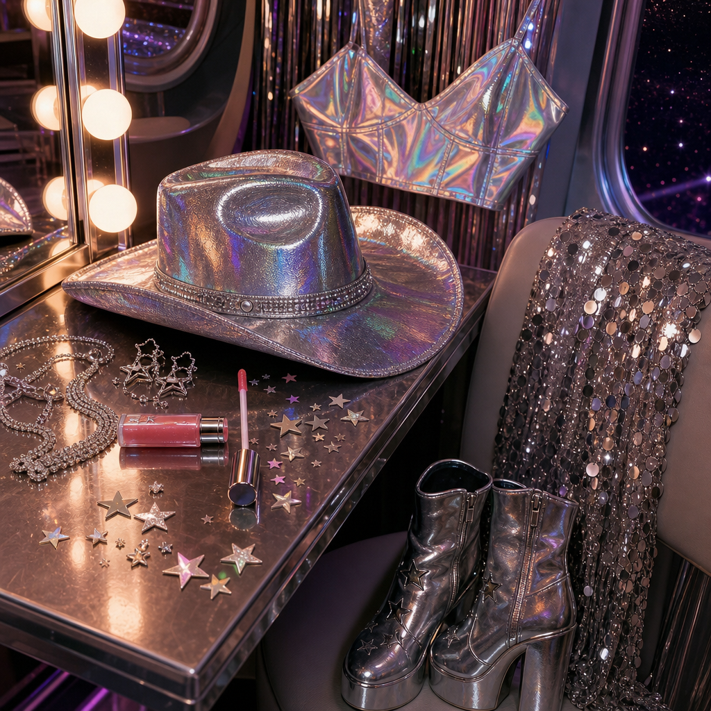 Holographic cowboy hat on dressing table with lipstick and star confetti, boots and sequined jacket nearby.