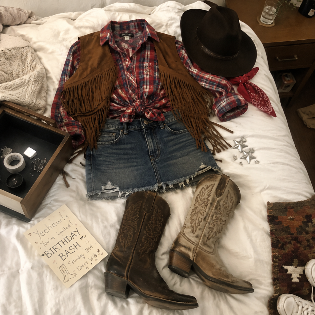 Cowgirl outfit laid on bed: plaid shirt, fringe vest, denim skirt, cowboy boots, black hat, red bandana and note