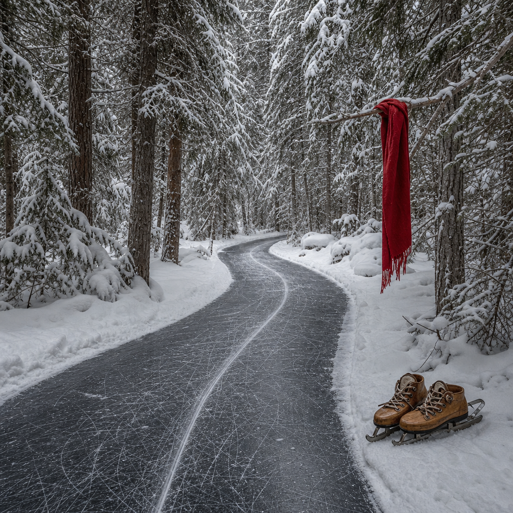 Frozen forest skating path with snow-laden trees, a red scarf on a branch, and skates on the snow.