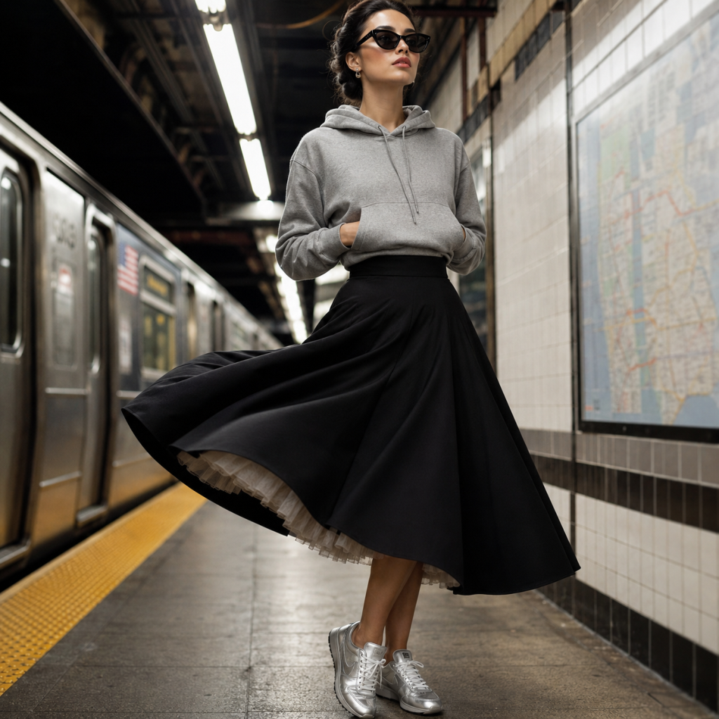 Person in gray hoodie and black flowing skirt stands on subway platform beside a train and wall map