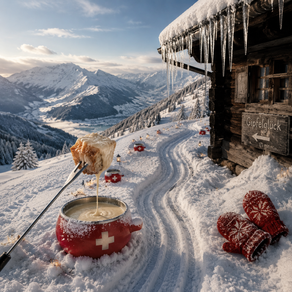 Fondue-pot-shaped trail markers along a snowy sledding route in Switzerland