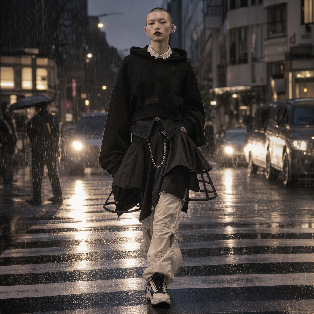 Person in oversized black hoodie and layered skirt walks a rainy city crosswalk at night, headlights reflecting on wet street