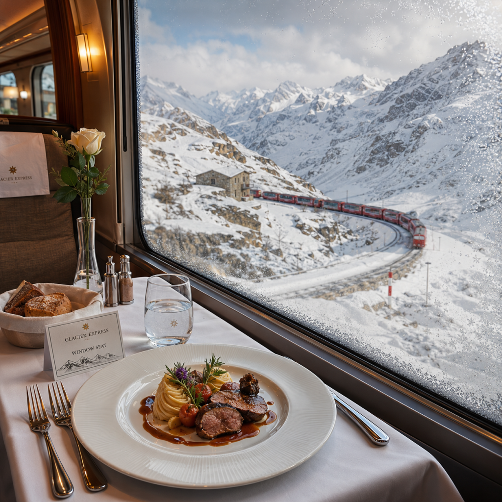 Dining table with plated meal by train window, overlooking a red train winding through snowy mountain valley.