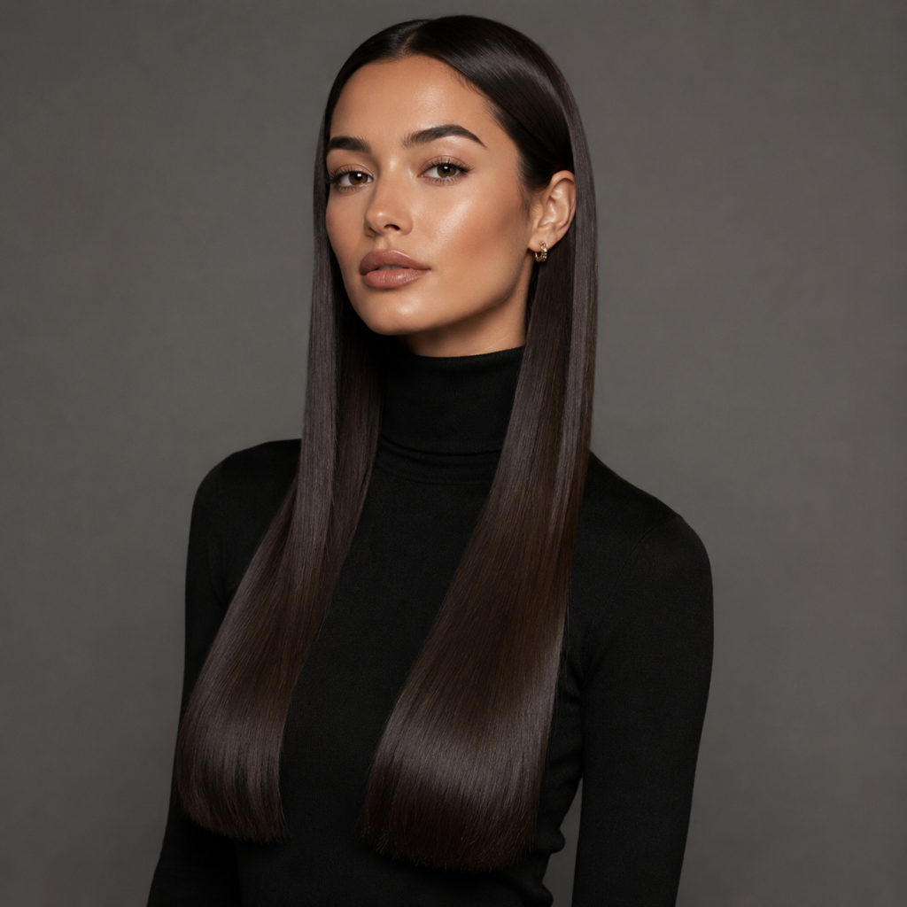 Studio portrait of a person with long straight dark hair, wearing a black turtleneck against a gray background