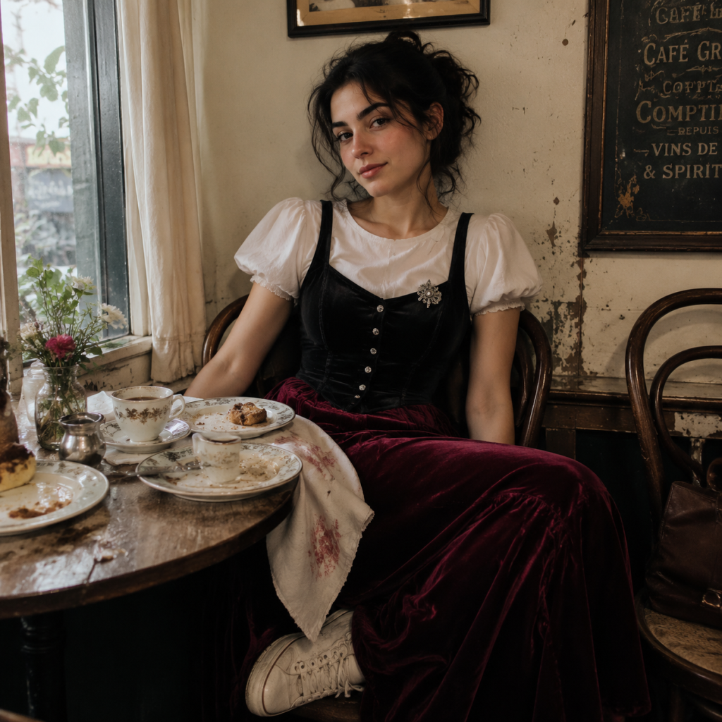 Person in vintage outfit seated at café table with teacups, dessert plates, and a small flower vase by the window