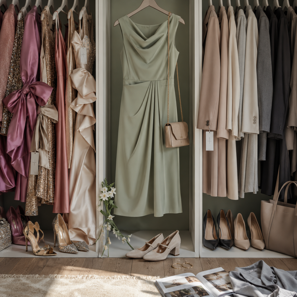 Open wardrobe with sage dress and purse, formal dresses and suits, high heels on floor, and an open magazine.