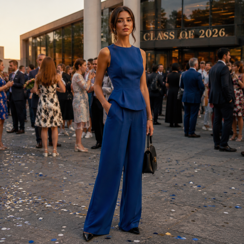 Woman in blue pantsuit holding a handbag at an outdoor graduation event with “Class of 2026” sign and crowd behind