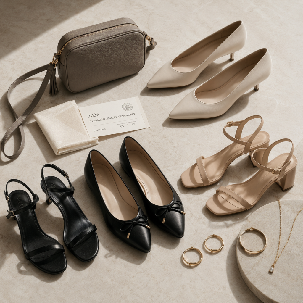 Flat lay of handbags, heels and sandals, gold jewelry, and a “2026 Commencement Ceremony” ticket on stone surface