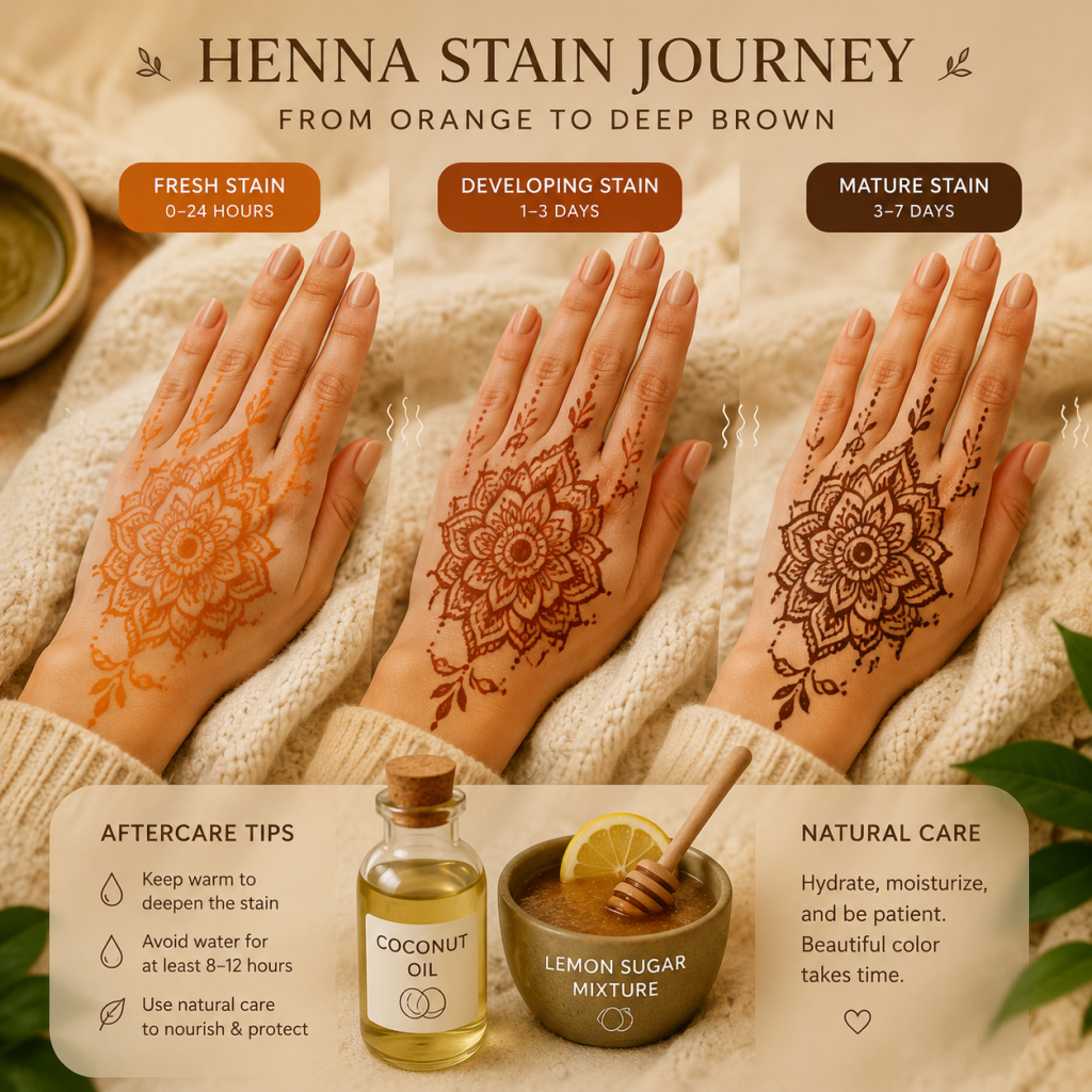 Infographic showing henna stain stages on a hand: fresh orange (0–24h), developing brown (1–3d), mature deep brown (3–7d) with aftercare tips.
