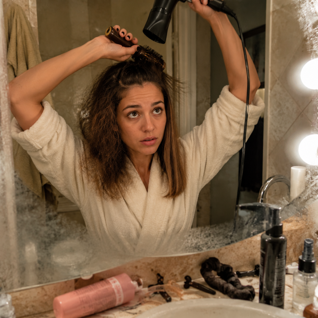 Person in a bathrobe blow-drying hair with a round brush in a bathroom mirror, toiletries on the counter