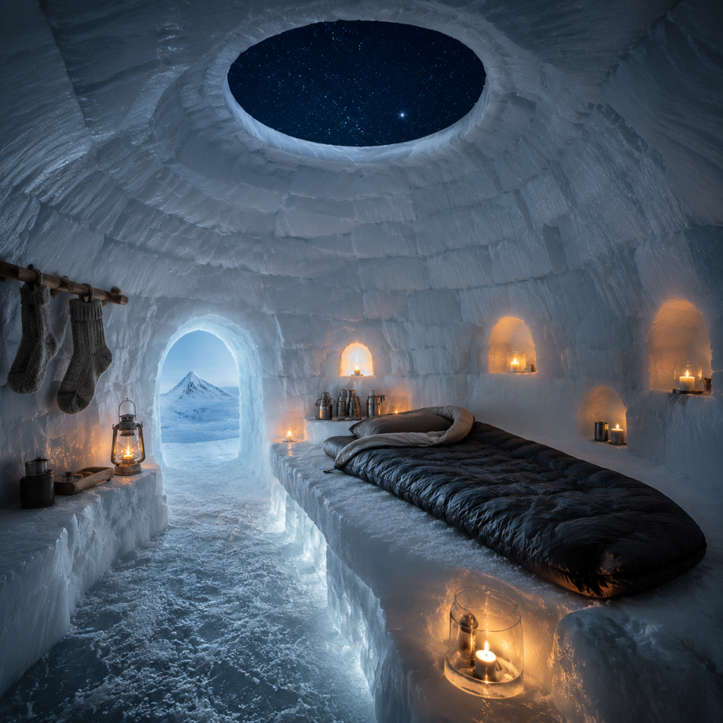 Cozy ice igloo interior with bed, candles, and starry skylight, doorway opening to snowy mountains