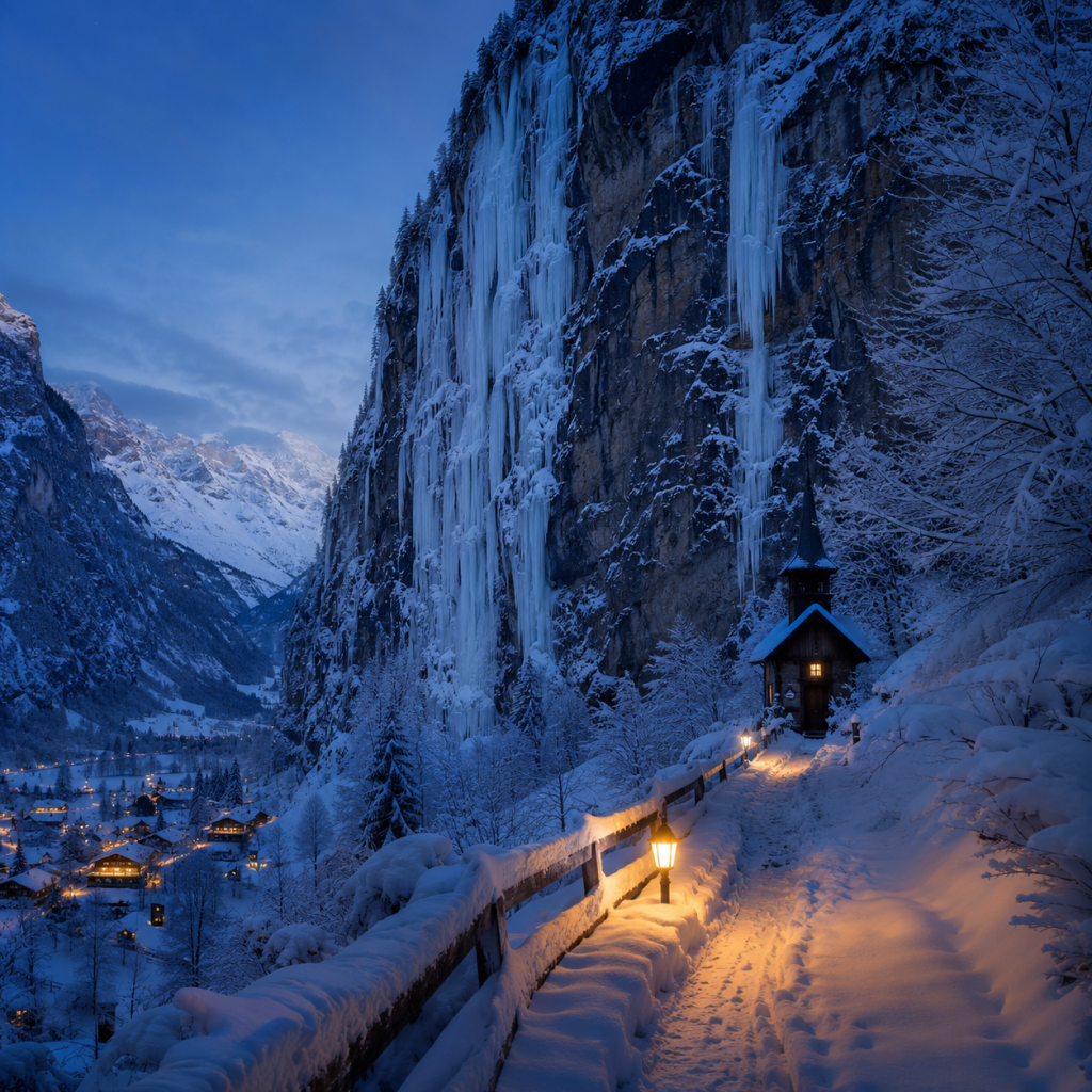 Snowy mountain path with lanterns leading to a small chapel beneath ice-covered cliffs at blue-hour twilight