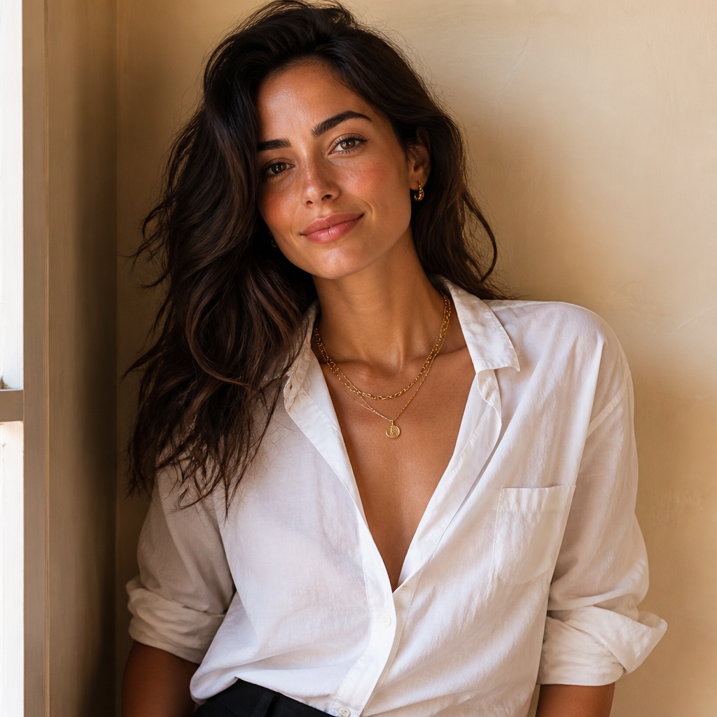 Person with long dark hair wearing a white button-down shirt and gold necklaces, leaning against a beige wall