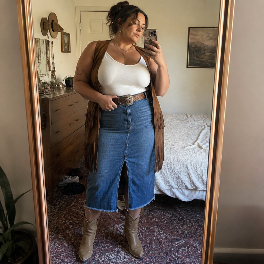 Mirror selfie of a person in white tank, fringed brown vest, denim skirt, and tan cowboy boots in a bedroom