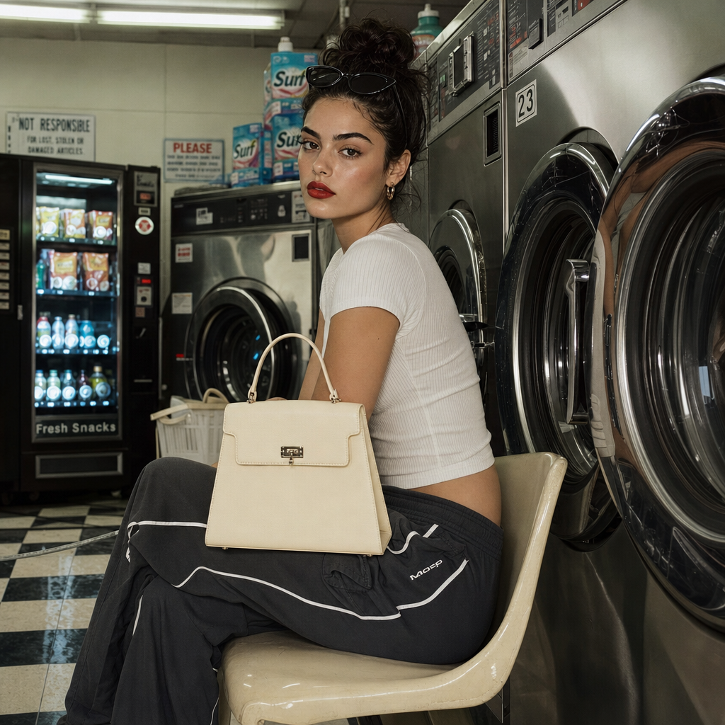 Woman sitting on a chair in a laundromat beside washers, holding a cream handbag, vending machines behind her