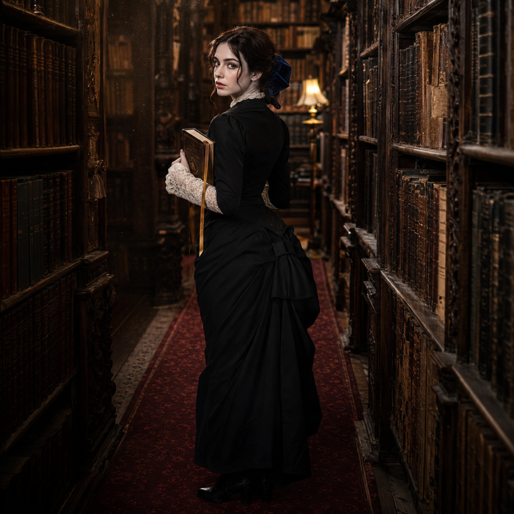 Woman in Victorian dress holding a book in a narrow, dim library aisle lined with old bookshelves