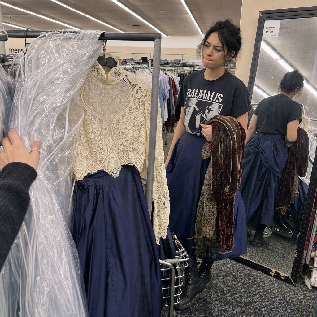 Person in thrift store holding fabric, standing by mirror next to navy dress with lace top on rack