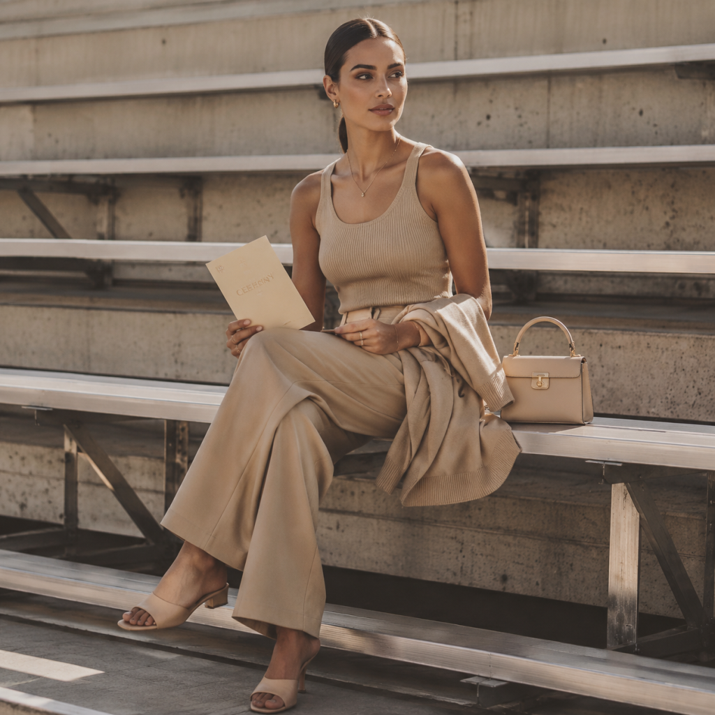 Person in beige outfit sits on metal bleachers holding a paper, with matching handbag beside them.