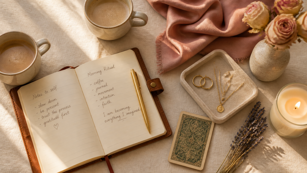 Cozy flat lay with open journal and pen, two coffee cups, jewelry tray, tarot card, candle, and dried flowers.