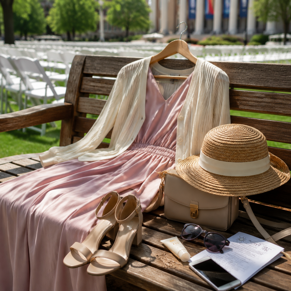 Pink dress and cream cardigan on a hanger on a bench with hat, purse, heels, sunglasses, and notes outdoors