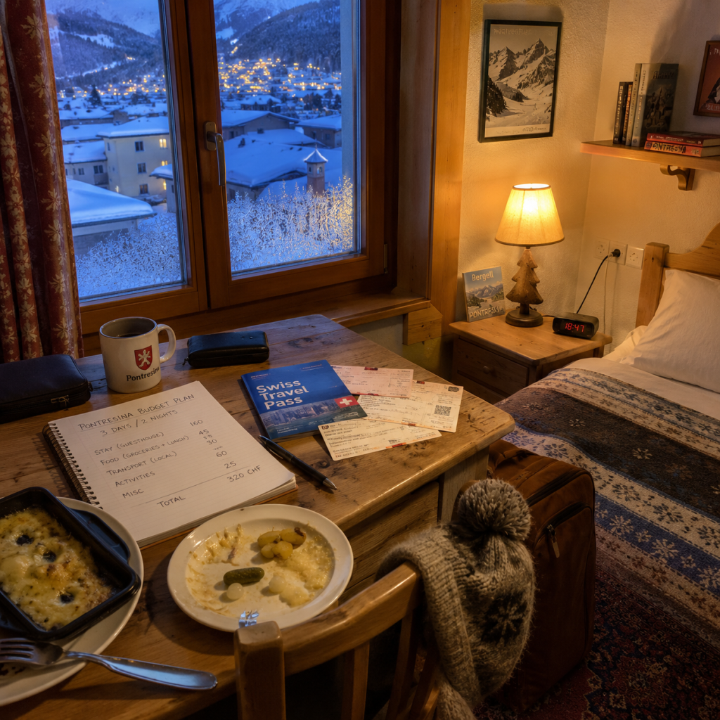 Cozy chalet room with table of travel papers and meal by window, overlooking snowy village lights at dusk