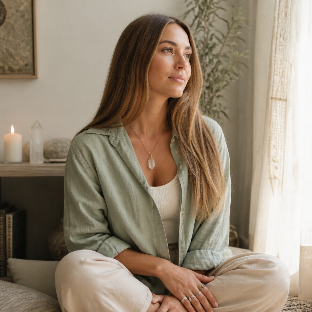 Woman sitting cross-legged by a window in a cozy room, wearing a green shirt and crystal pendant necklace.