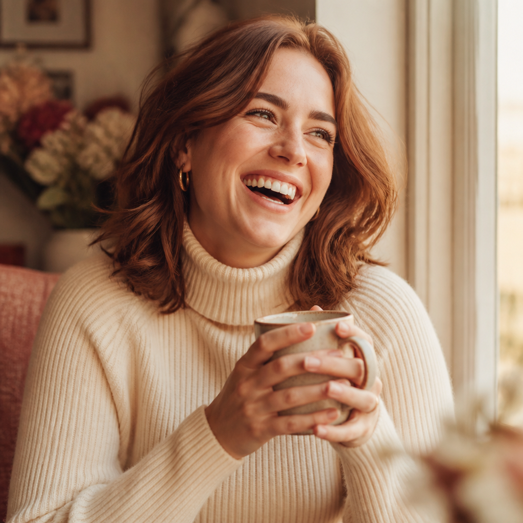 Person in a cream turtleneck sweater holding a mug by a sunlit window, with blurred flowers in background