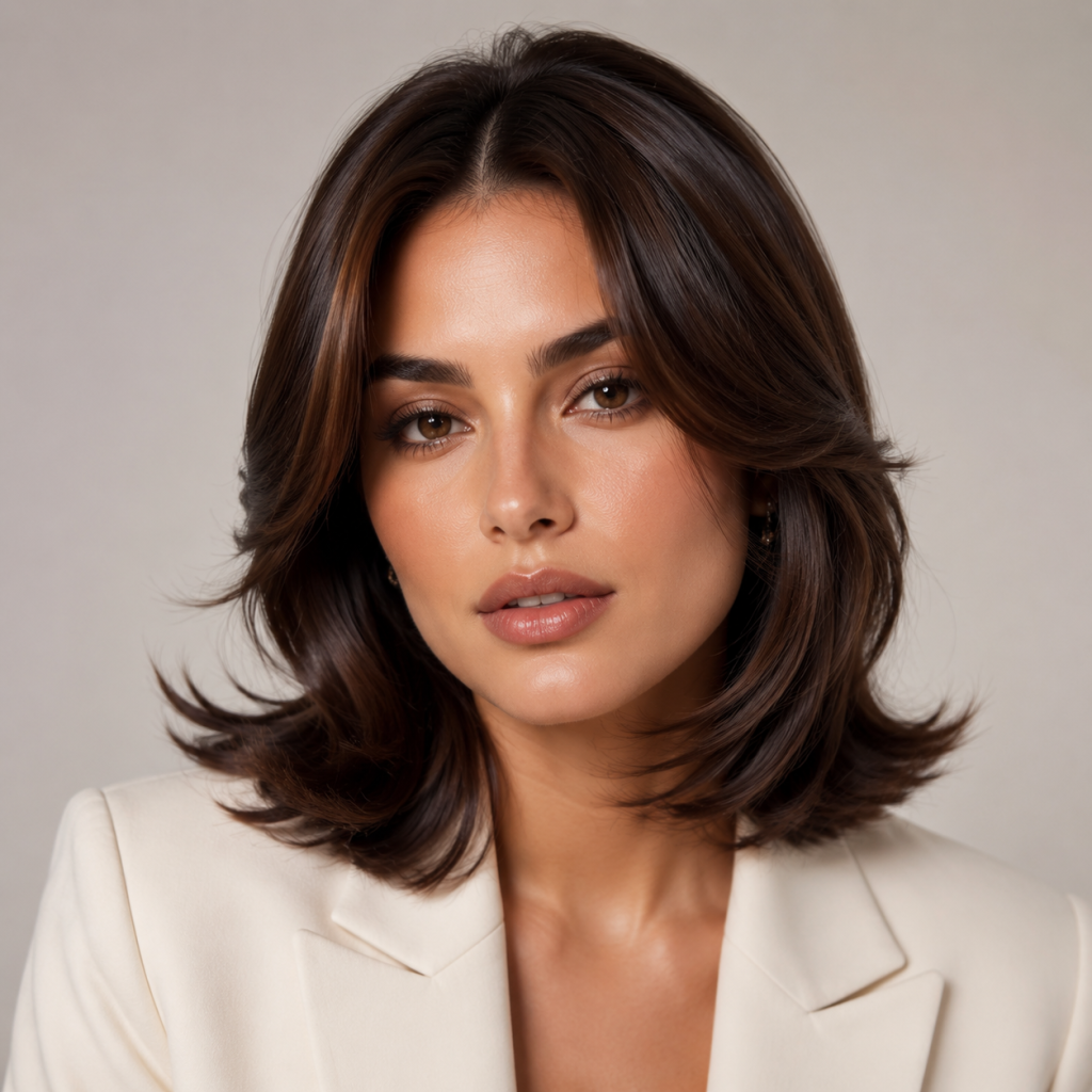 Studio headshot of a person with shoulder-length layered dark hair wearing a white blazer on a gray background