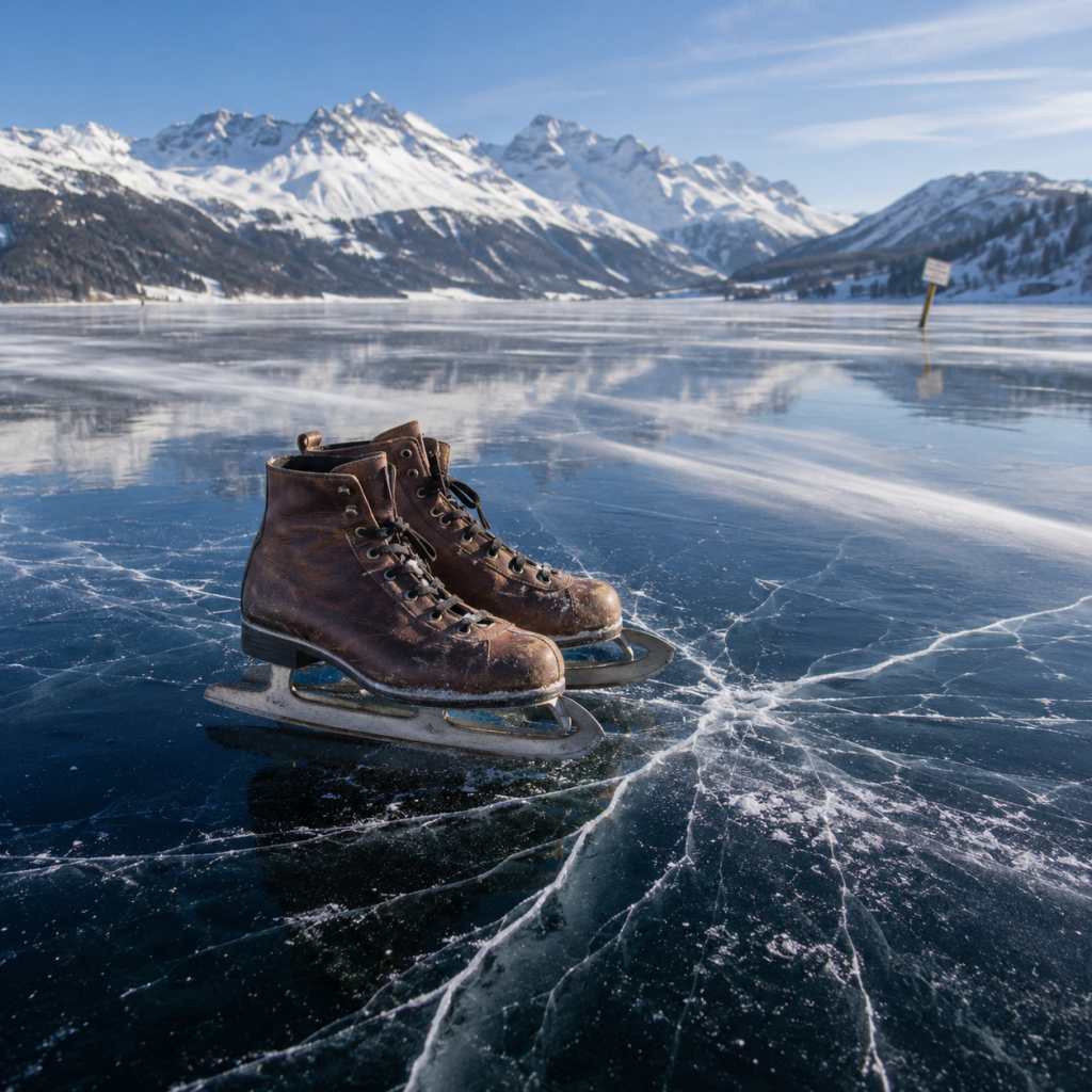Vintage ice skates on cracked frozen lake with snowy mountains reflected under a clear blue sky