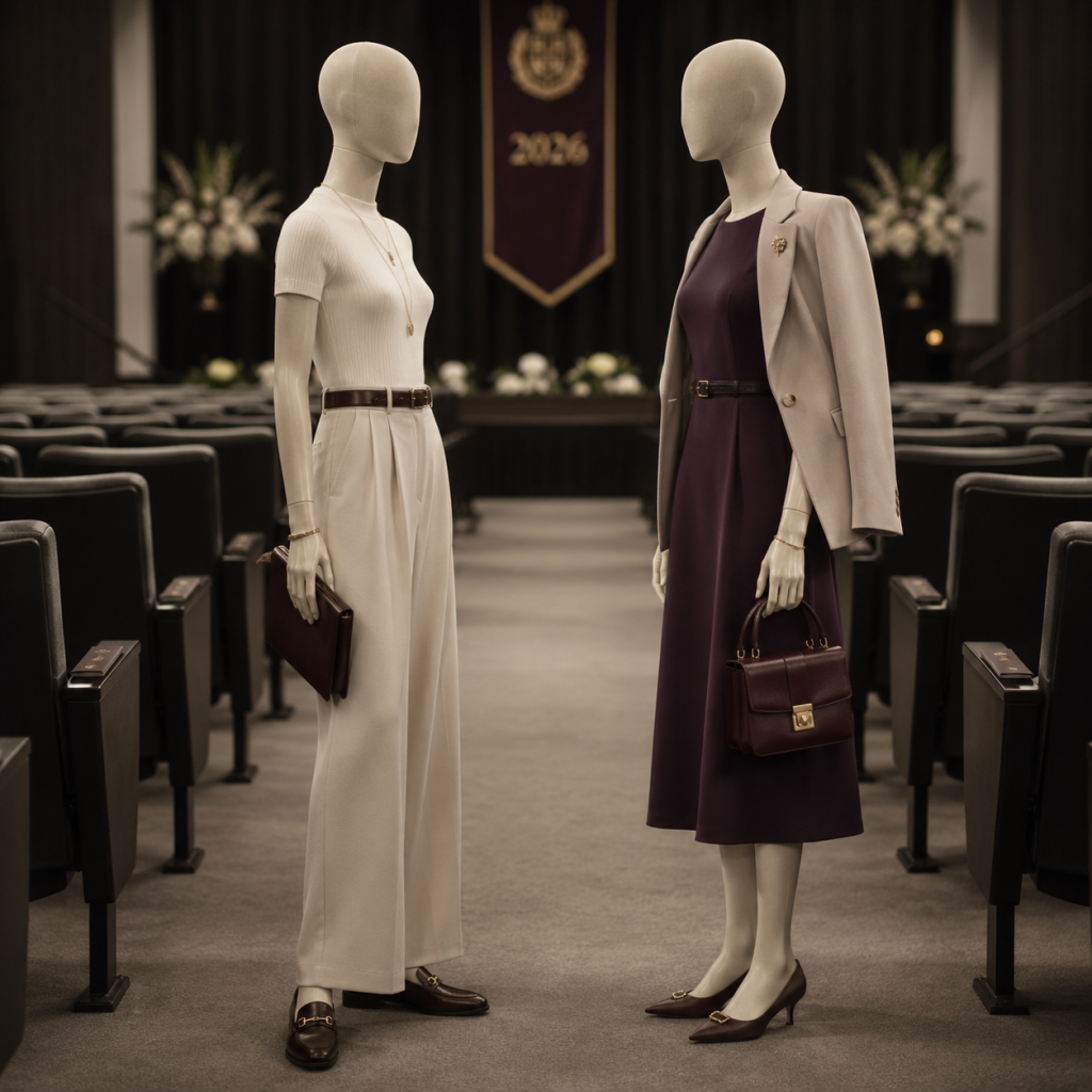 Two mannequins in business outfits standing in an auditorium aisle, with a 2026 banner in the background