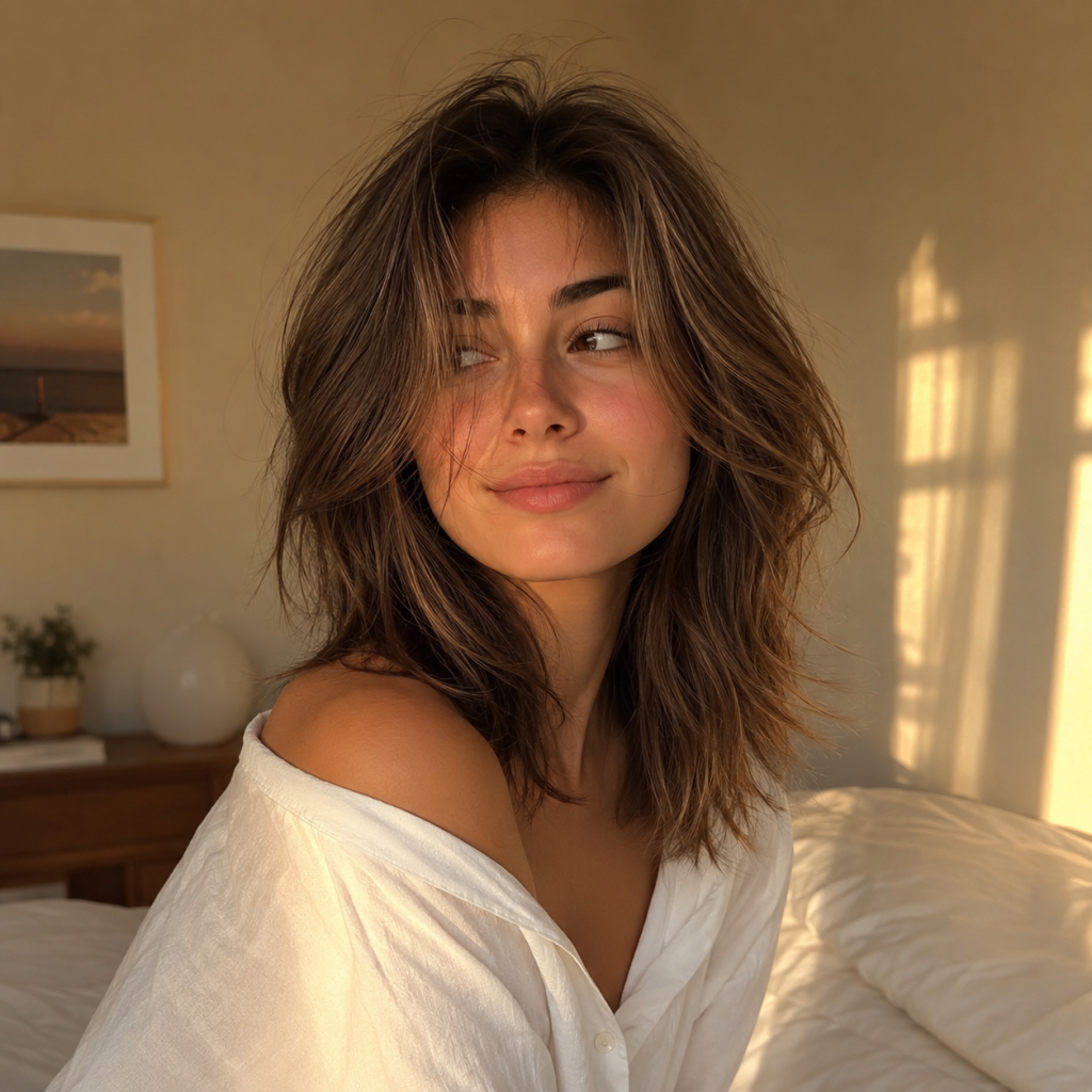 Person with shoulder-length wavy hair in white shirt sitting on a bed in warm sunlight, face blurred