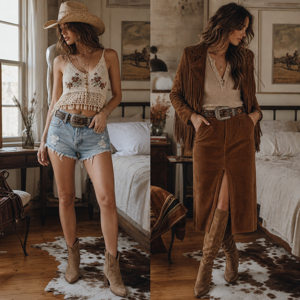 Split image of a woman in two Western outfits: hat, crochet top and denim shorts; fringe jacket and corduroy skirt.