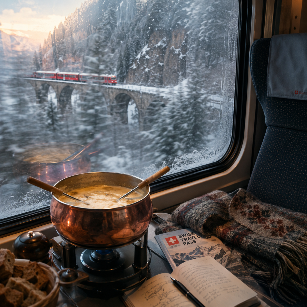 Fondue set and travel journal by a train window, with a red train crossing a snowy mountain viaduct outside