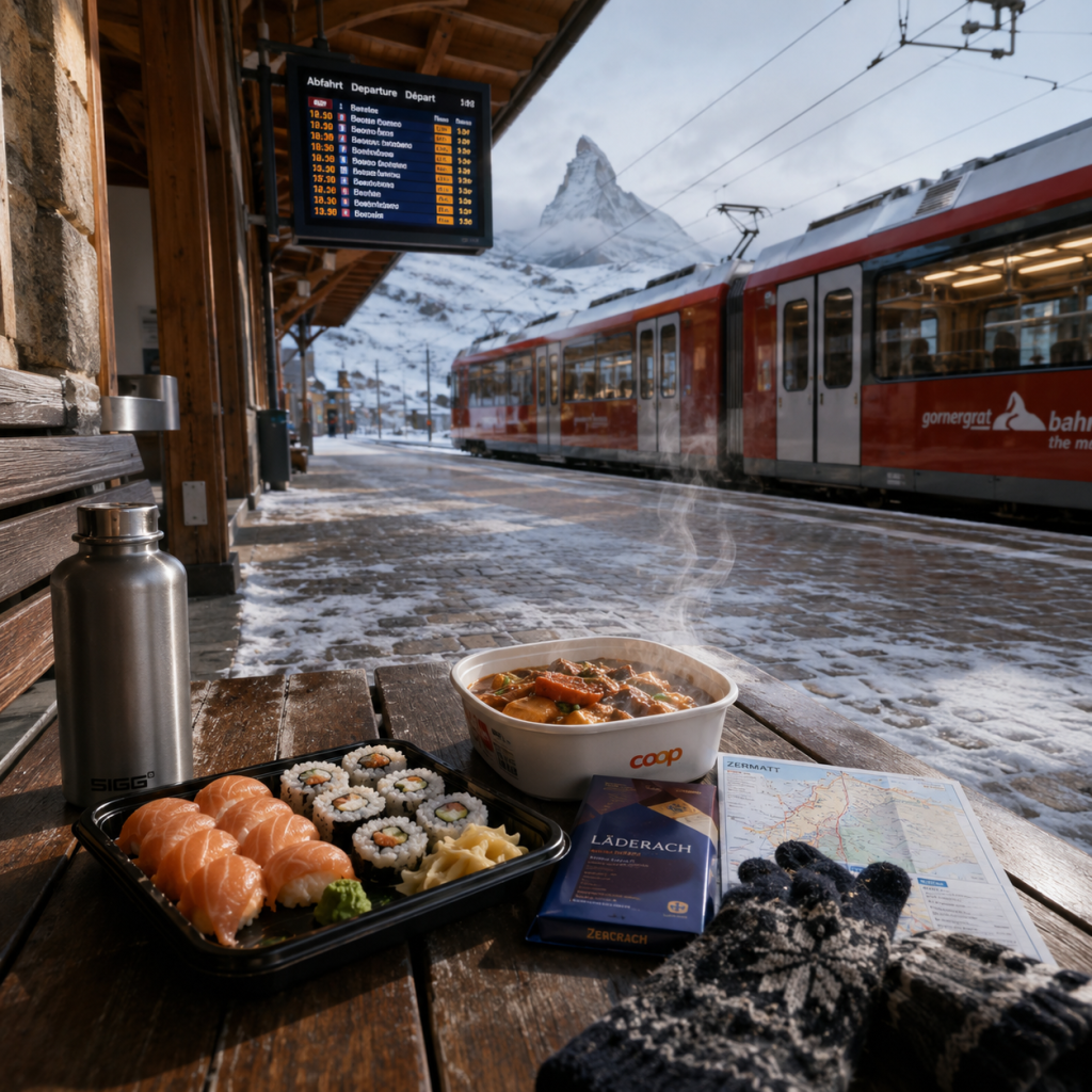 Sushi and hot soup on a snowy train platform table with a red train, departure board, and Matterhorn in background