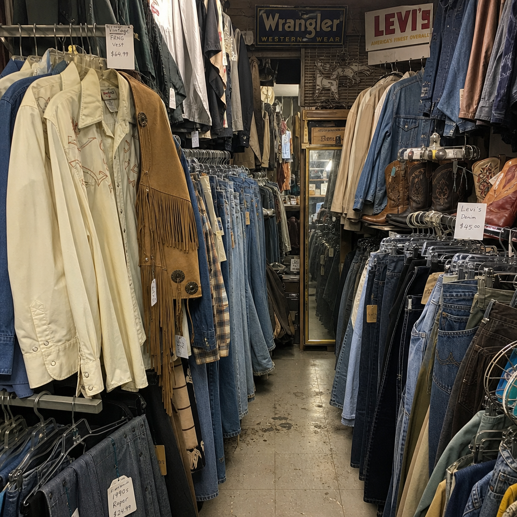 Narrow vintage clothing store aisle with racks of denim jeans, jackets, western shirts, and Wrangler and Levi's signs