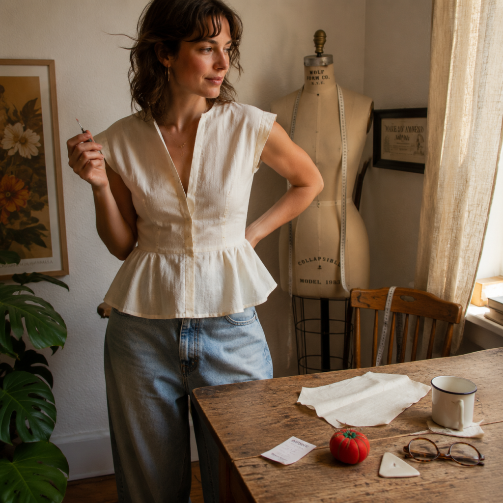 Woman in white blouse and jeans in sewing room, holding pin beside dress form and worktable with tools