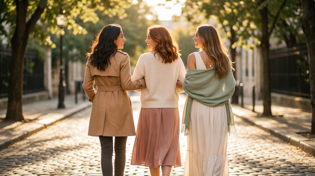Three friends walking arm in arm down a sunlit, tree-lined cobblestone street, seen from behind