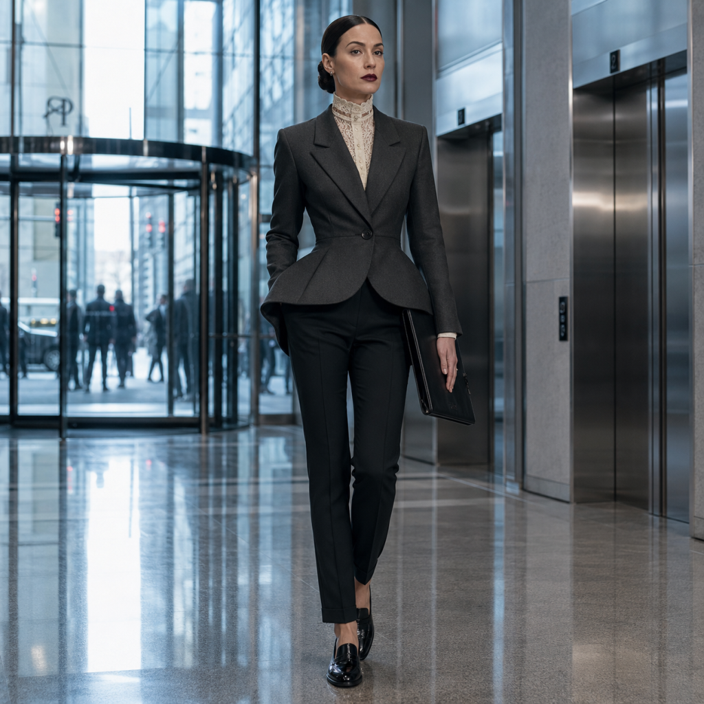 Businesswoman in dark suit walking through modern office lobby, holding portfolio near elevators and glass entrance