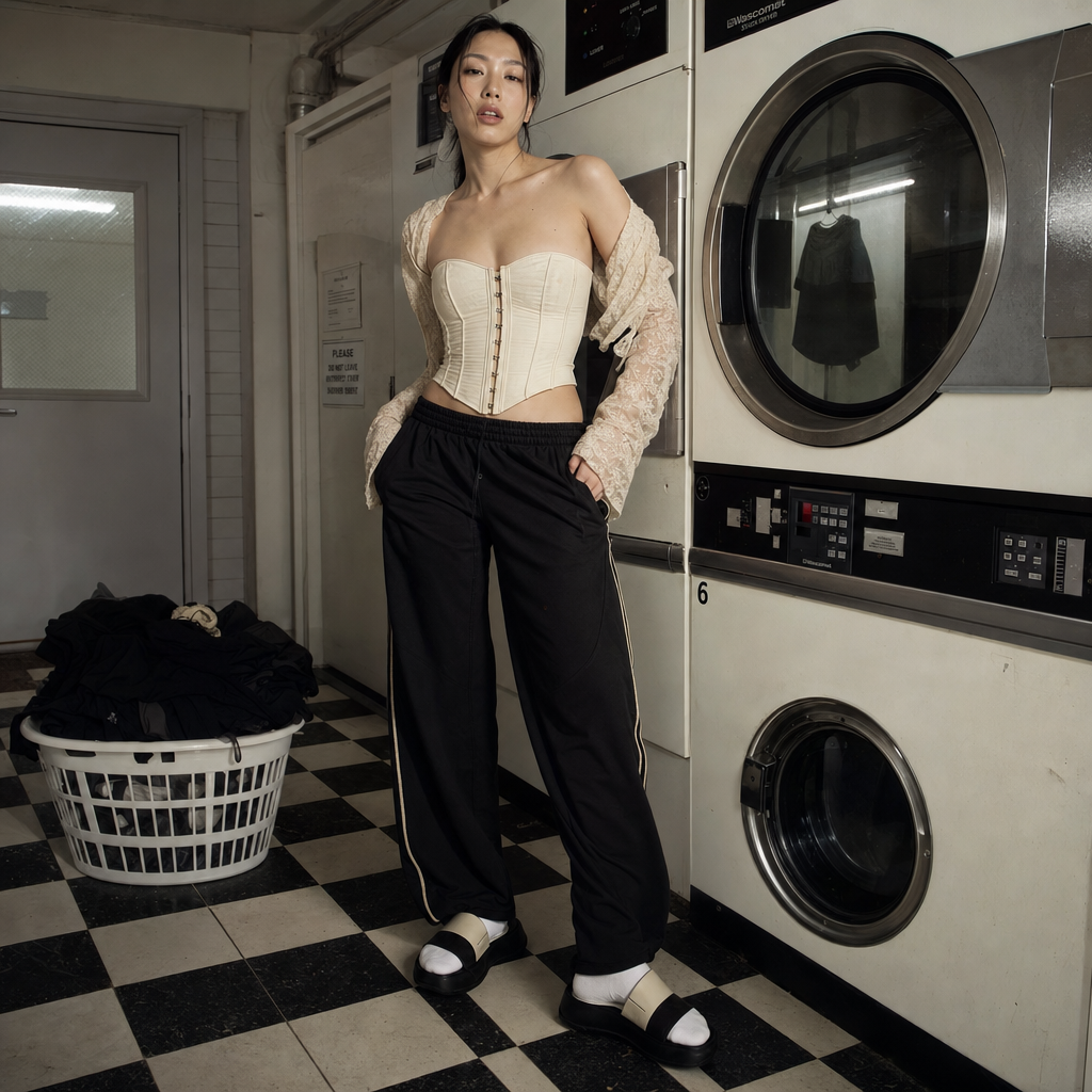 Person in corset top and black track pants stands by stacked washers in a laundromat, laundry basket on floor